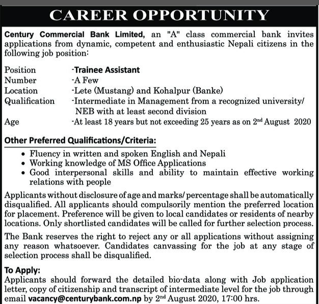 application letter for bank job in nepal
