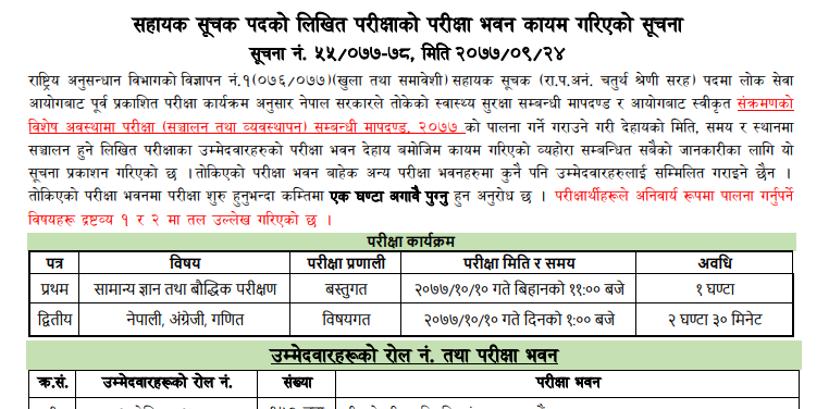 Rastriya Anusandhan Bibhag Published Written Exam center of Sahayak Suchak