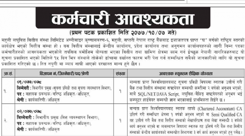 Mahuli Laghubitta Bittiya Sanstha Limited Vacancy