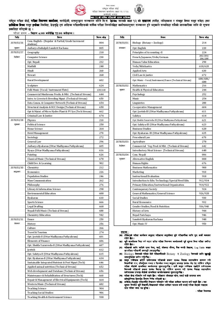 Class 12 Exam Routine 2078 : NEB New Updated Routine ~ Hamrogyan