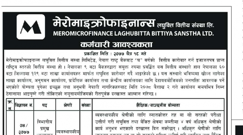 Mero Microfinance Laghubitta Bittiya Sanstha Limited Vacancy