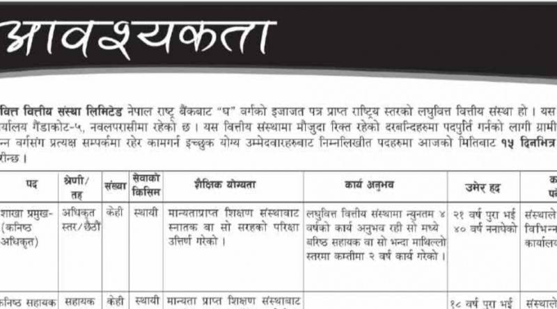 Vijaya laghubitta Bittiya Sanstha Ltd (VLBS) Vacancy