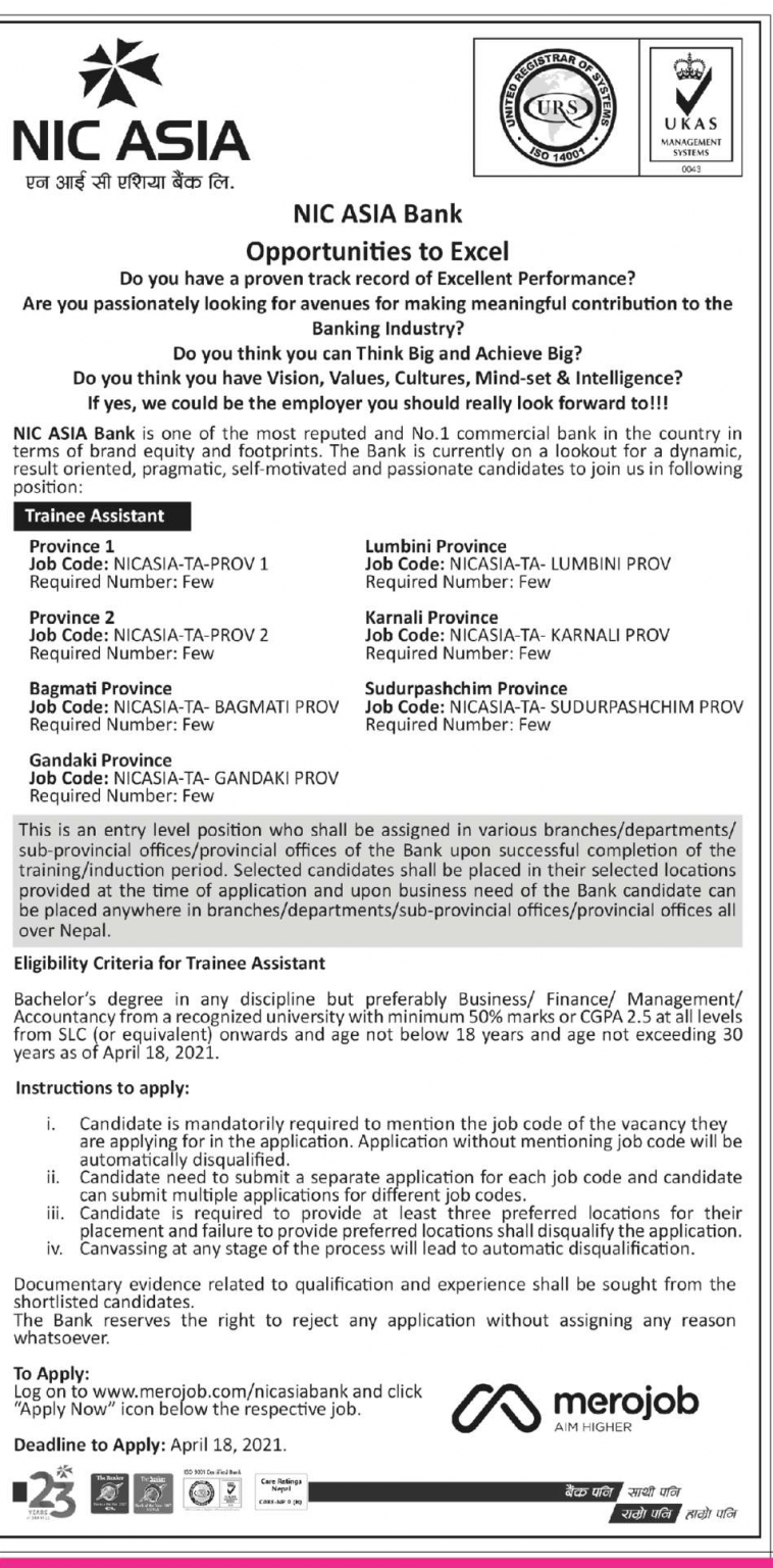 nic-asia-bank-vacancy-notice-for-trainee-assistant-hamrogyan