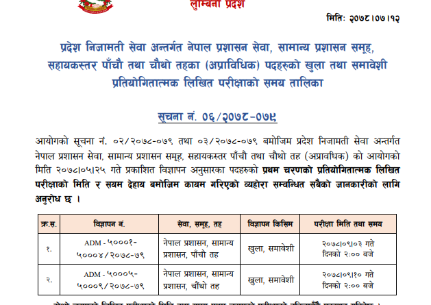 Lumbini Pradesh Loksewa Aayog 5th Level and 4th Level Exam Schedule