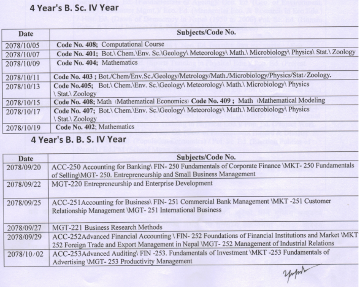 4 Years B.Sc., B.B.S. & B.Ed. 4th. Year Exam Routine 2078 ~ Hamrogyan