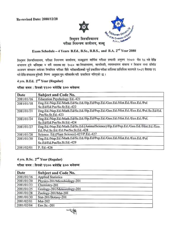 4 Years B.Ed.,B.B.S., B.Sc. And B.A. 2nd Year 2080 Exam Schedule ...